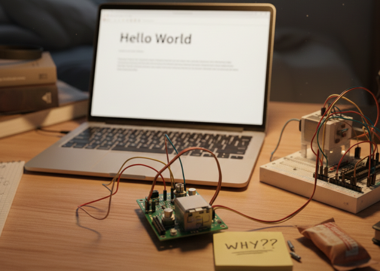 A laptop displaying a "Hello World" screen next to an open PCB and a breadboard circuit with tangled jumper wires and a "WHY??" sticky note on a wooden desk.