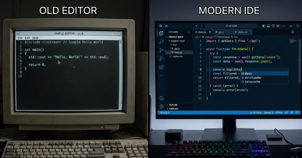 A side-by-side comparison of an "Old Editor" on a bulky CRT monitor with a mechanical keyboard and a "Modern IDE" on a slim flatscreen monitor with an RGB backlit keyboard.