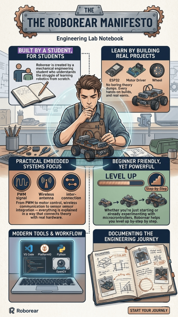 A vertical 9:16 infographic titled "The Roborear Manifesto." The center features a male engineering student focused on building a small 4-wheeled robot. Surrounding him are six panels: "Built by a Student," "Learn by Building," "Practical Embedded Systems," "Beginner Friendly," "Modern Tools" (showing VS Code and Python), and "Documenting the Journey" (showing an open engineering lab notebook with sketches and "Fixed" stamps).