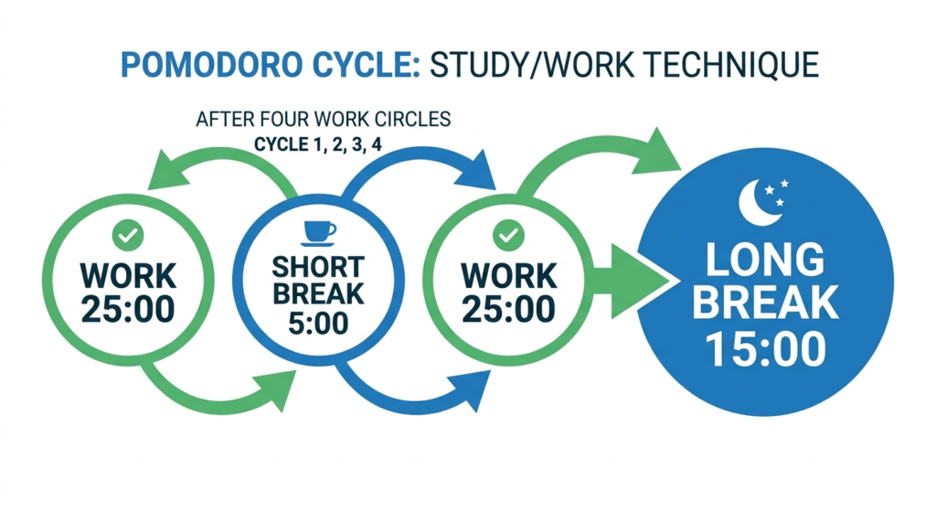 An infographic showing the Pomodoro cycle for an ESP32 timer project, featuring 25-minute work sessions, 5-minute short breaks, and a 15-minute long break after four cycles.