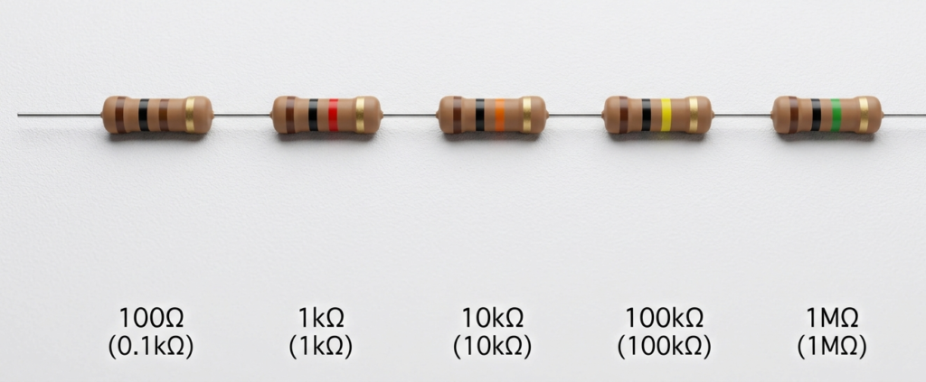 A row of five resistors showing different resistor color codes for values of 100 Ohms, 1k Ohm, 10k Ohms, 100k Ohms, and 1M Ohm against a white background.