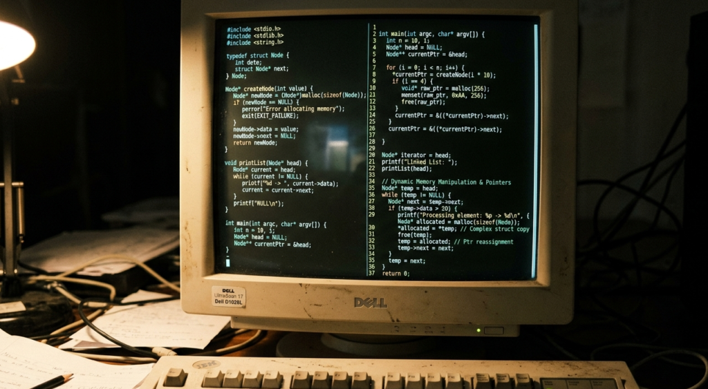 A close-up shot of a vintage Dell CRT monitor displaying complex C source code in a dark terminal-style editor. The code shows various functions for linked list manipulation, including createNode, printList, and a main function using pointers and dynamic memory allocation (malloc). The monitor is surrounded by a cluttered workspace with a vintage IBM mechanical keyboard in the foreground and loose papers on the desk.