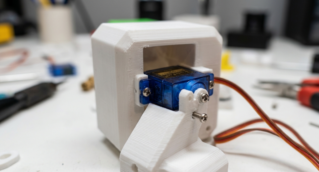 A close-up shot of a white 3D-printed Otto Robot leg being assembled. A small blue SG90 micro servo motor is mounted inside the leg joint and secured with screws. The servo's orange, red, and brown wires extend out toward the right. The background shows a cluttered workbench with various tools and electronic components, representing a DIY robotics project in progress.