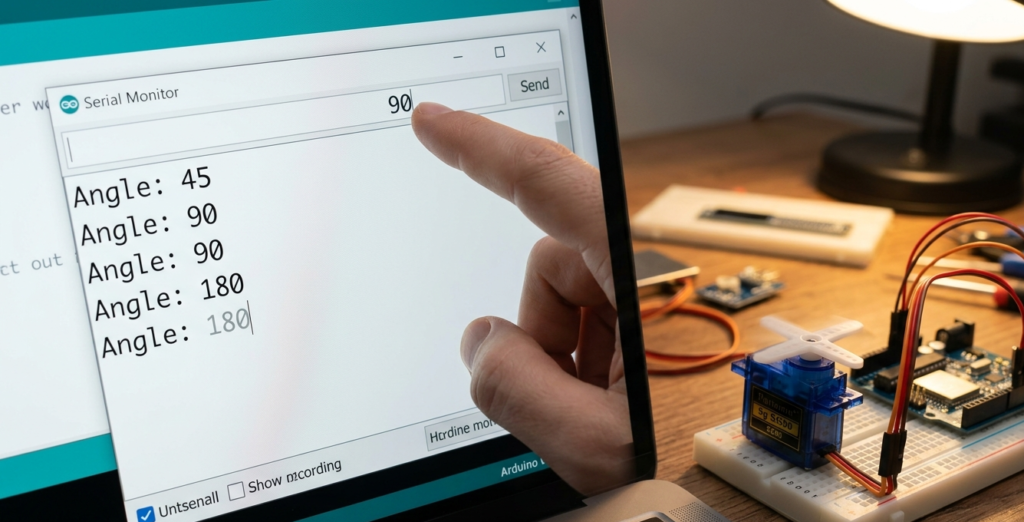 A close-up of a laptop screen showing the Arduino Serial Monitor window where the value "90" is being entered into the input field. The output log shows a history of angles including 45, 90, and 180 degrees. To the right of the laptop, an SG90 micro servo motor is wired to a microcontroller on a white breadboard, ready to move to the commanded angle.