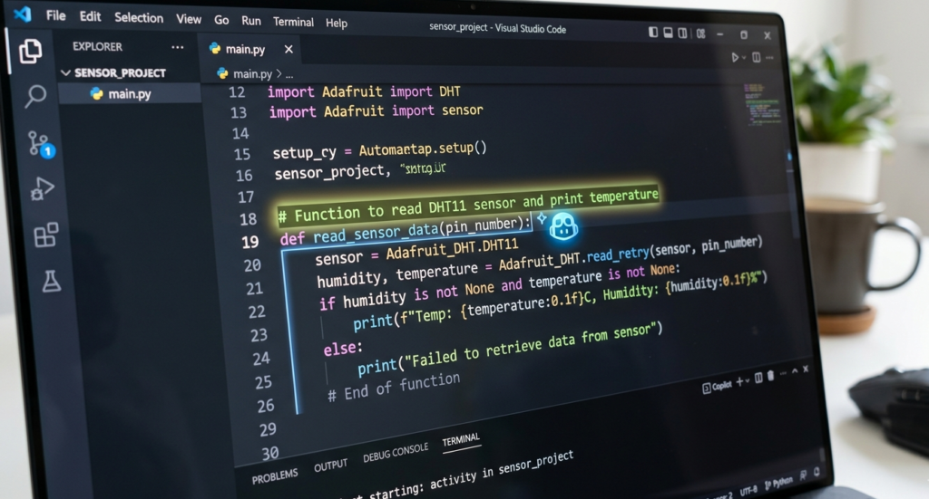 A laptop screen displaying a Python script titled "main.py" within Visual Studio Code. The code features a function called read_sensor_data designed to interact with a DHT11 sensor using the Adafruit library. A comment highlighted in yellow reads, "# Function to read DHT11 sensor and print temperature". The background shows a modern workspace with a coffee mug and a mouse.