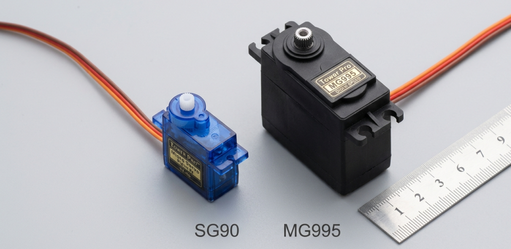 A side-by-side comparison of two popular hobby motors: a small blue plastic SG90 micro servo and a larger black metal-geared MG995 high-torque servo. A metal ruler is placed next to them for scale on a light gray surface, highlighting the physical dimensions needed to control servo motor hardware in robotics.