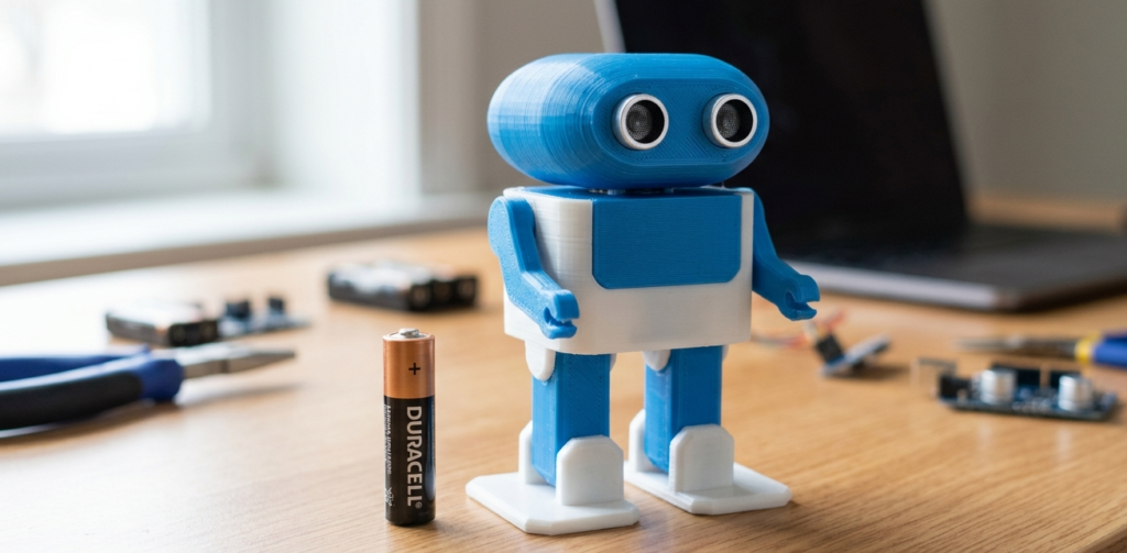 A blue and white 3D-printed Otto Robot stands on a wooden workbench next to a single AA battery for scale. The robot has a large blue head with ultrasonic sensors for eyes and a white body with blue limbs. In the blurred background, tools such as pliers, various electronic components, and a laptop are visible, showcasing a maker's workspace for robotics coding and assembly.