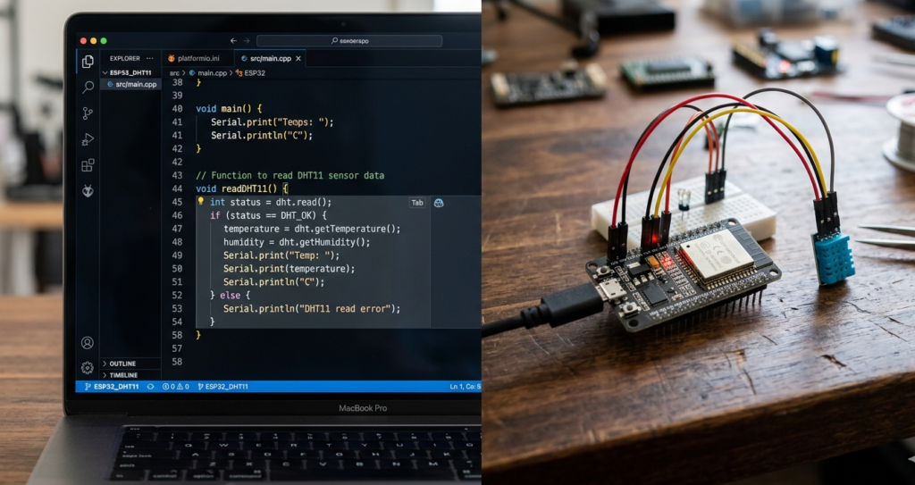 A split-screen style photograph showing a MacBook Pro on the left and a hardware prototype on the right. The laptop screen displays C++ code in Visual Studio Code (VS Code) with the PlatformIO extension, specifically a function titled "readDHT11" to pull data from a sensor. On the right, an ESP32 microcontroller is connected via jumper wires to a blue DHT11 temperature and humidity sensor on a wooden tabletop.