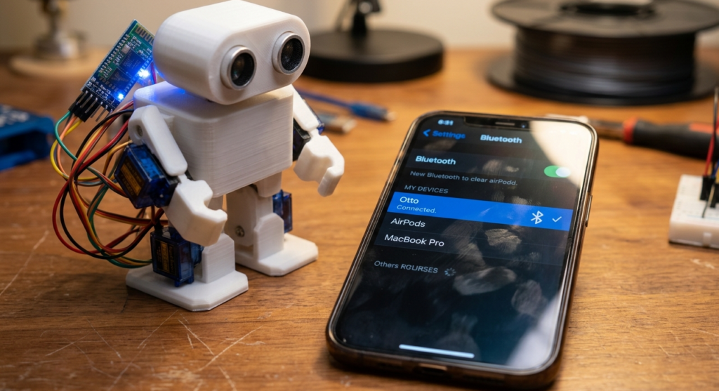 A white 3D-printed Otto Robot with exposed wiring and a glowing blue Bluetooth module stands on a wooden desk. Next to it, a smartphone screen shows the Bluetooth settings menu with "Otto" successfully connected. In the background, a spool of 3D printer filament and various tools are visible, indicating a project in the final stages of development.