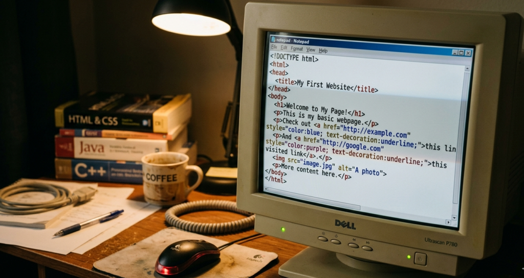 A vintage Dell Ultrascan P780 monitor on a wooden desk showing HTML code in Notepad for "My First Website." Next to the monitor is a desk lamp, a "COFFEE" mug, and a stack of programming books including "HTML & CSS" and "Java." This retro setup represents the beginning of the journey into robotics coding and software development.