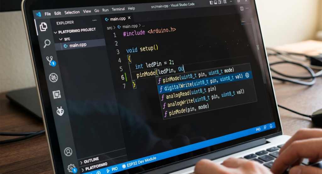 A close-up of a laptop screen displaying a C++ source file named "main.cpp" within a PlatformIO project in Visual Studio Code. The code shows an Arduino-style setup() function defining a digital pin for an LED on an ESP32 Dev Module. An IntelliSense dropdown menu is visible, suggesting functions like digitalWrite and analogRead. Hands are shown typing on the keyboard in a well-lit office setting.