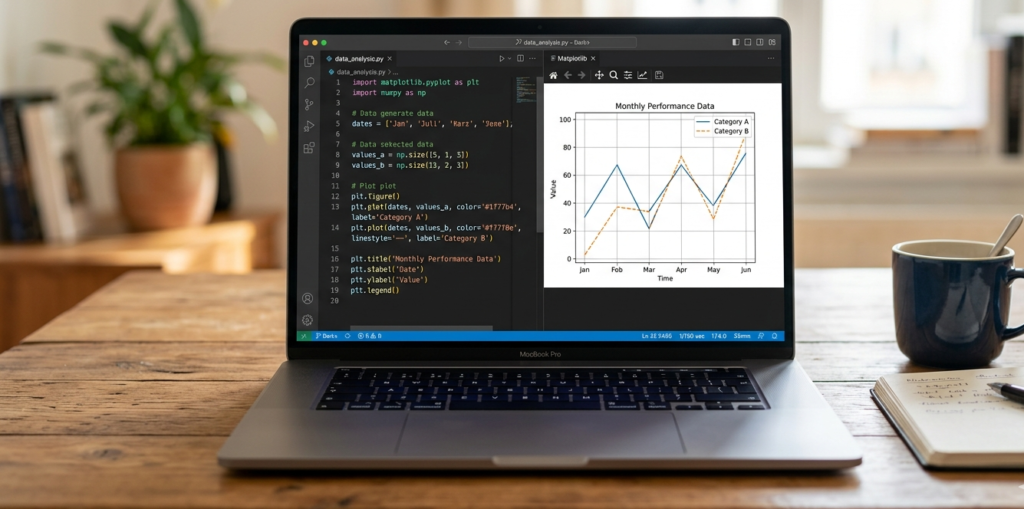 A MacBook Pro on a wooden desk displaying a Python script in a code editor. The script uses libraries like Matplotlib and NumPy to generate a "Monthly Performance Data" line graph, which is shown in an adjacent window. A coffee mug and a notebook sit nearby in a brightly lit, modern workspace, illustrating a typical environment for robotics coding and data analysis.