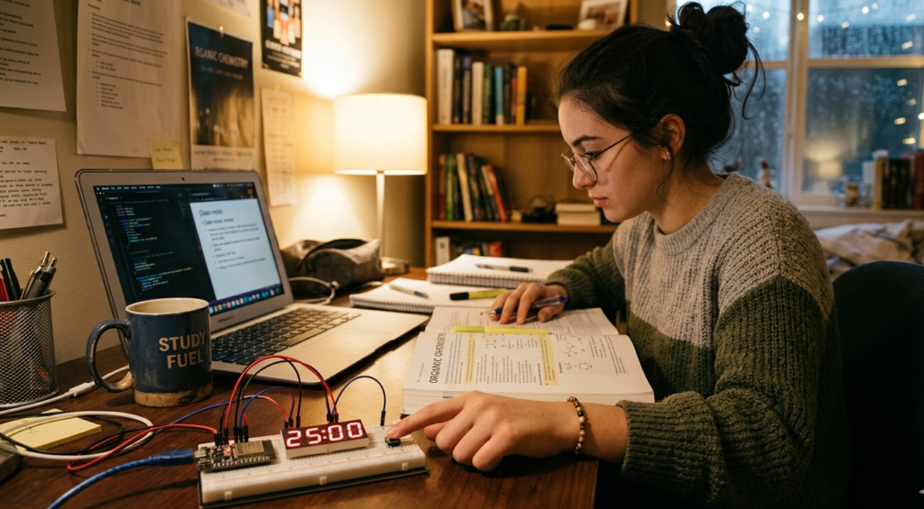 A student using a custom-built ESP32 Pomodoro timer on a breadboard to manage a 25-minute study session alongside a laptop and textbooks.
