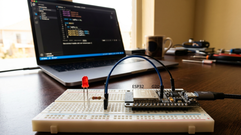 An ESP32 microcontroller on a breadboard connected to a red LED and resistor, with a laptop in the background running PlatformIO in VS Code.