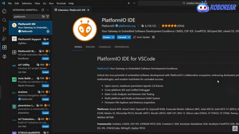 A screenshot of the Visual Studio Code Extension Marketplace showing the PlatformIO IDE installation page, used for programming ESP32 boards.