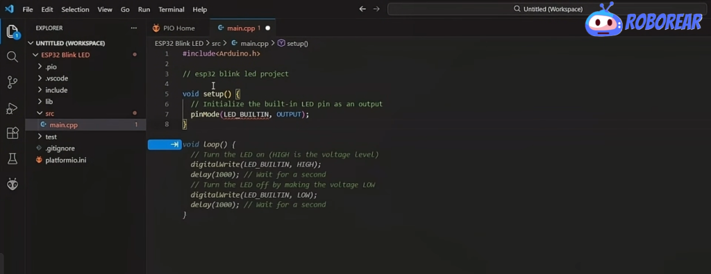 A screenshot of Visual Studio Code showing a C++ blink sketch for an ESP32 project within the PlatformIO environment, featuring the main.cpp file and project explorer.