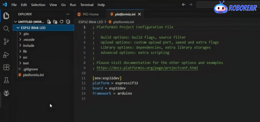 A screenshot of the platformio.ini configuration file in VS Code showing environment settings for an esp32dev board using the Arduino framework.