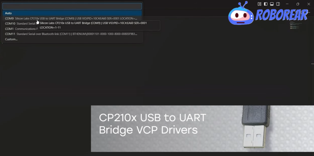 A computer screen showing a dropdown menu for selecting a COM port, specifically the CP210x USB to UART Bridge, used for an ESP32 connection in PlatformIO.