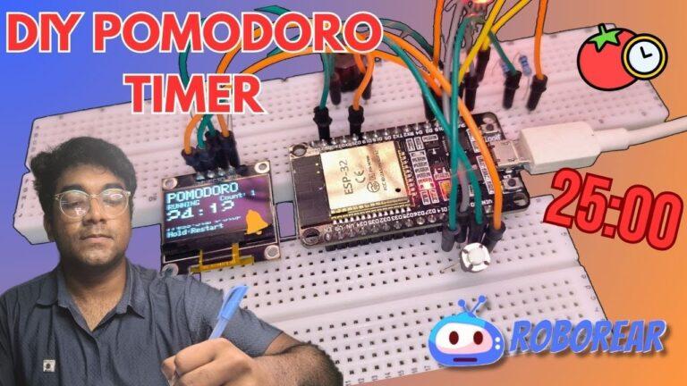 A YouTube thumbnail for a DIY ESP32 Pomodoro timer project featuring a breadboard circuit with an ESP32, OLED display showing a countdown, and the Roborear logo.