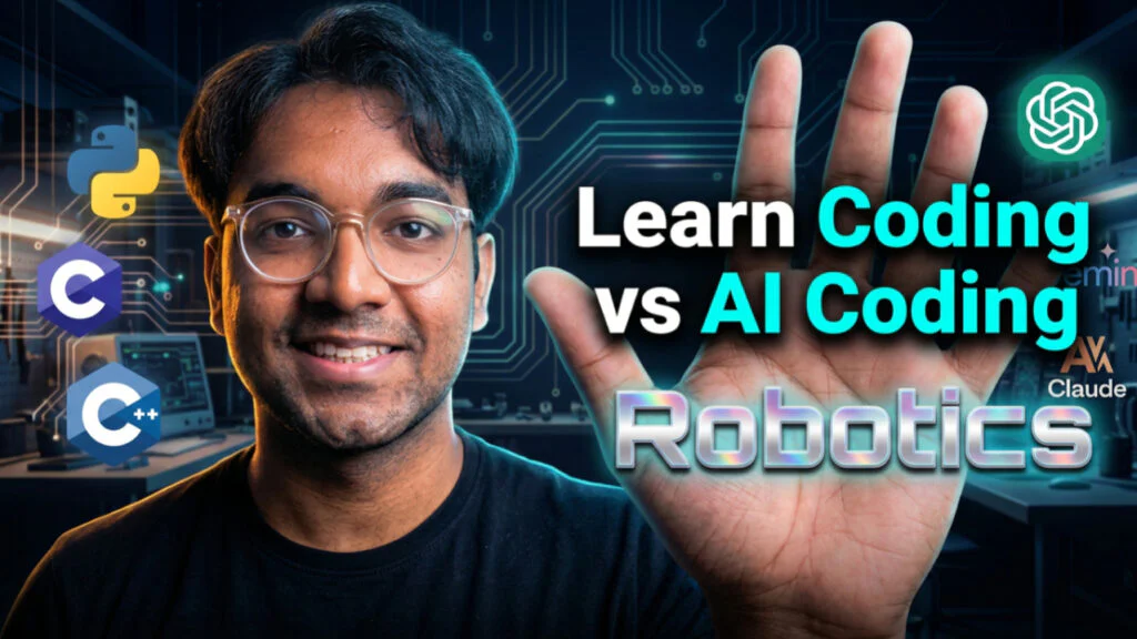 A professional YouTube-style thumbnail featuring a young man with glasses (Shahrear Abedin Bhuiyan) smiling next to large text that reads "Learn Coding vs AI Coding" and "Robotics." The image includes logos for Python, C, C++, ChatGPT, Gemini, and Claude against a digital circuit board background. A hand is held up in the foreground, and technical lab equipment is visible in the blurred background.