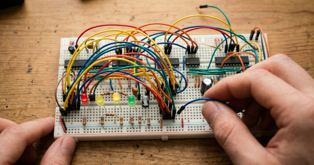 Close-up of a person connecting jumper wires to a breadboard circuit with LEDs and resistors during a breadboard tutorial.