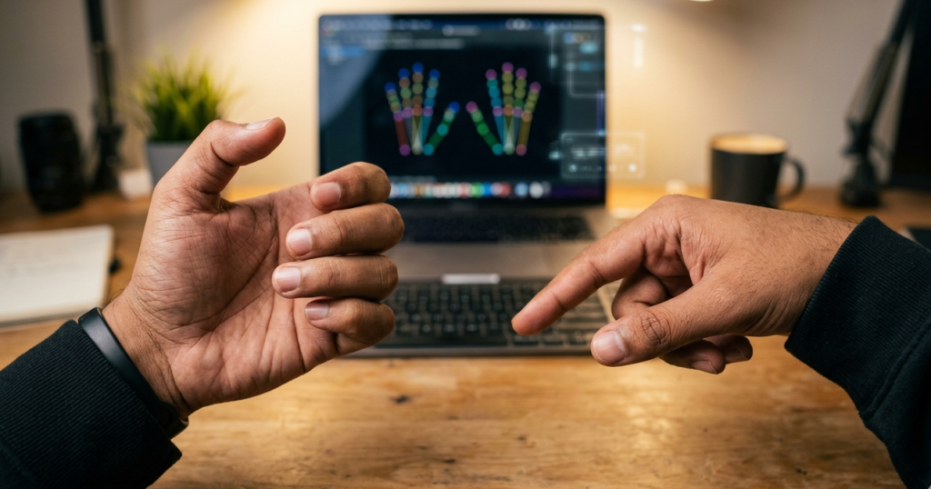 A first-person perspective of a developer's hands mimicking a guitar-playing stance over a wooden desk. In the background, a laptop screen displays a real-time computer vision interface showing two skeletal hand maps with 21 tracking points each. The left hand is shaped for fretting, while the right hand prepares to strum, demonstrating the core mechanics of an AI-powered air guitar.