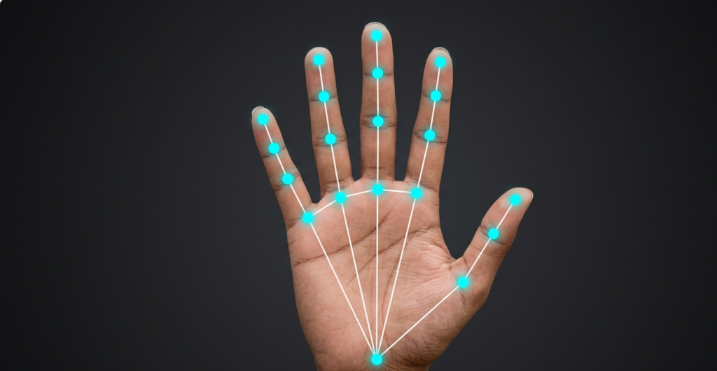A high-resolution image of a human palm facing forward against a dark background. The hand is overlaid with a digital skeletal map consisting of 21 cyan-colored tracking points (landmarks) connected by white lines. The text "21 hand landmarks" is visible in the bottom right corner, illustrating the technical basis for gesture recognition in computer vision applications.