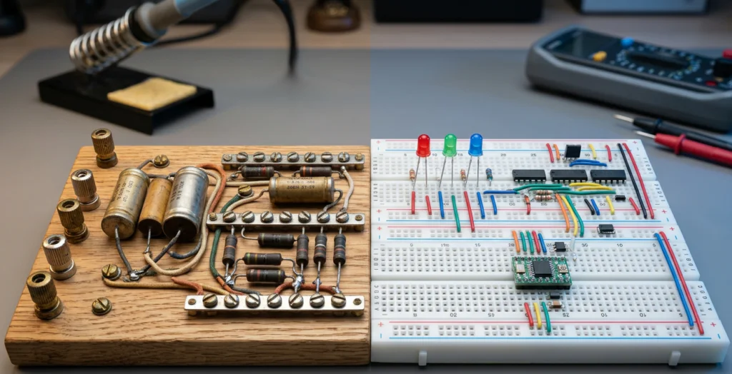 A side-by-side comparison of an old-fashioned wooden circuit board with large capacitors and a modern white breadboard featuring LEDs and microchips for an electronics tutorial.