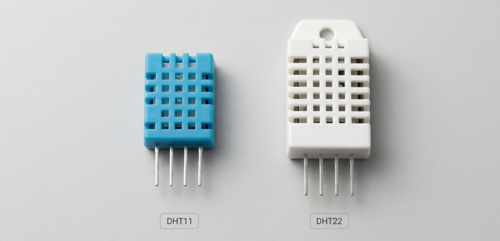 A side-by-side comparison of two popular environmental sensors for a diy weather station. On the left is the smaller, blue DHT11 sensor, and on the right is the larger, white DHT22 sensor. Both feature four connection pins and are labeled with their respective model names against a plain gray background.