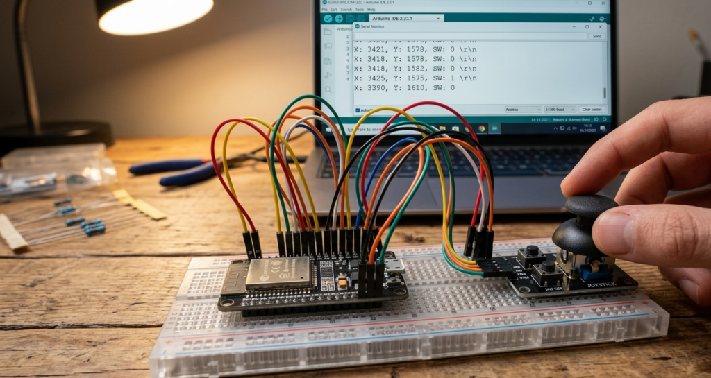 An analog joystick module wired to an ESP32 development board on a transparent breadboard, with a laptop screen in the background showing real-time X and Y coordinate data in the Arduino IDE Serial Monitor.