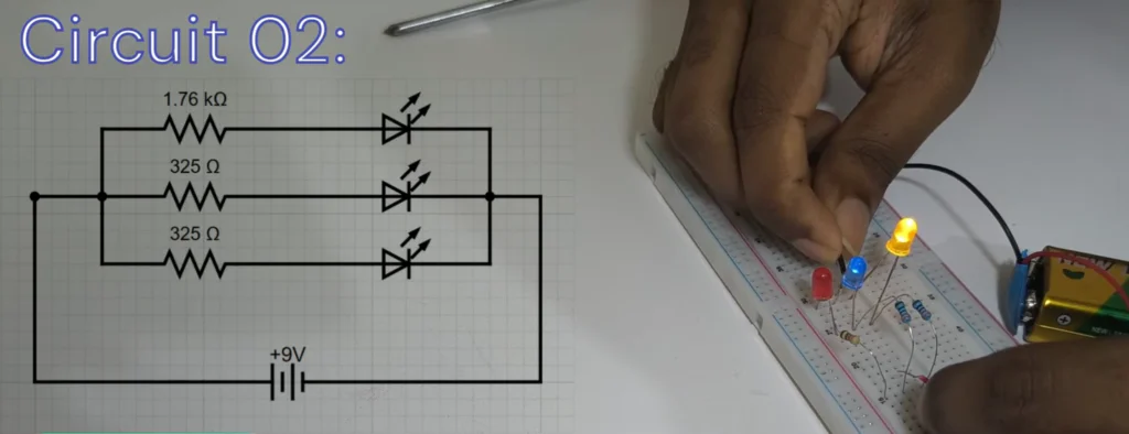 A side-by-side view of a parallel circuit schematic with three LEDs and resistors alongside its physical assembly on a white breadboard powered by a 9V battery for a breadboard tutorial.