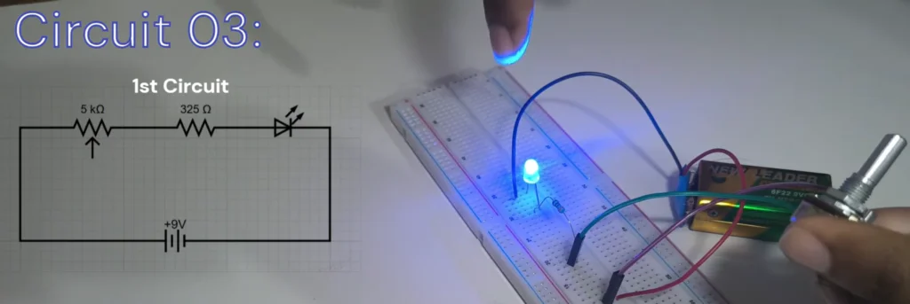A side-by-side view of a circuit schematic featuring a $5\text{ k}\Omega$ potentiometer and an LED alongside its physical implementation on a breadboard with a blue LED glowing.