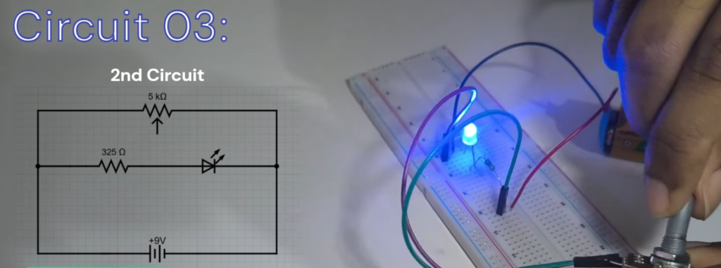 Side-by-side comparison of a parallel circuit schematic with a 5k ohm potentiometer and a physical breadboard build featuring a glowing blue LED and manual dial control for a breadboard tutorial.