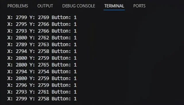 A screenshot of a dark-themed integrated development environment (IDE) terminal window showing a continuous stream of data. Each line displays X and Y axis coordinate values along with a "Button: 1" status, representing real-time input from a Joystick with ESP32.