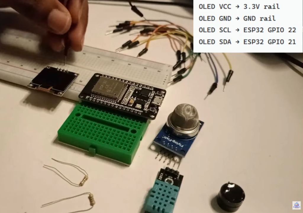 A hand places a jumper wire into a white breadboard next to a small OLED display and an ESP32 microcontroller. The workspace includes an MQ gas sensor, a DHT temperature sensor, resistors, and a buzzer. An inset box provides the specific OLED I2C pinout: VCC to 3.3V, GND to GND, SCL to GPIO 22, and SDA to GPIO 21 for a diy weather station project.