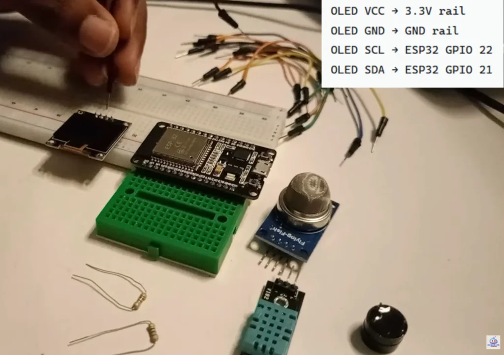 Build Your Own ESP32 DIY Weather Station: Track Temperature, Humidity & Air Quality 7 A hand places a jumper wire into a white breadboard next to a small OLED display and an ESP32 microcontroller. The workspace includes an MQ gas sensor, a DHT temperature sensor, resistors, and a buzzer. An inset box provides the specific OLED I2C pinout: VCC to 3.3V, GND to GND, SCL to GPIO 22, and SDA to GPIO 21 for a diy weather station project.