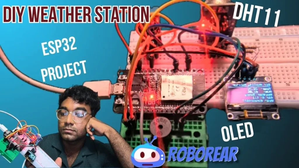 A high-angle close-up of a breadboard prototype featuring an ESP32 microcontroller as the core of a diy weather station. The setup includes an OLED display, a buzzer, and sensors for environmental tracking. In the background, a large monitor shows a dark terminal interface displaying live JSON data streams for "Temperature: 26.50C," "Humidity: 60.00%," and "Gas Sensor Level: 293" from the station.
